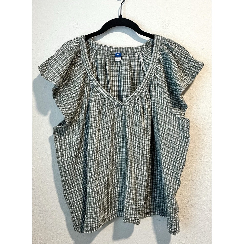OLD NAVY Women's Top Size XXL Loose Check-Pattern Flutter Sleeve Cottagecore
